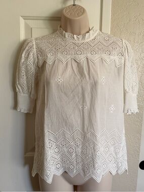 $88 Anthropologie Industry 💯 Cotton Eyelet Lace Puff Sleeve Blouse Off White, S